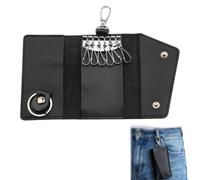 Black Genuine Leather Key Holder Wallet, 6 Hooks Key Case Organiser with Card Slot, 360° Rotatable Buckle Keychain Bag for Men Women, Business Leisure Style