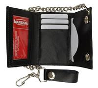 BLACK GENUINE LEATHER Trifold Biker's Wallet ID Card Holder w/Chain Skull, Black, One Size, Trifold Wallet
