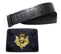 Black Genuine Plain Leather Kilt Belt Embossed Thistle Buckles various design (L, Black with Gold Thistle Badge)