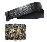 Black Genuine Plain Leather Kilt Belt Embossed Thistle Buckles various design (XL, Antique Pipers Thistle)