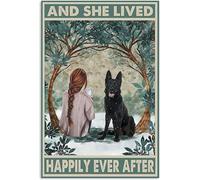 Black German Shepherd and She Lived Happily Ever After with Her Dog Metal Funny Tin Sign Bar Coffee Home Kitchen Room Art Wall Plaque Decor Gift Outdoor Indoor Retro Vintage Mural 6x8 Inch