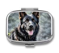Black German Shepherd Dog Pill Box - 2 Compartment Travel Pill Organizer with Small Mirror, Portable Pillcase for Pocket & Purse, Cute Square Medicine Case, Weekly Medicine Container