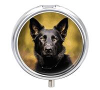 Black German Shepherd Dog Pill Case with 3 Compartments - Portable Travel Pill Organizer for Purse, Easy-Open Button Design, Small Round Pillbox Vitamin Holder Organizer for Women Men