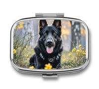 Black German Shepherd Dog Pill Organizer Container for Travel, Metal 2 Compartment Square Pill Case, Portable Mini Medicine Box Pill Storage Case for Purse Pocket, Supplement Storage