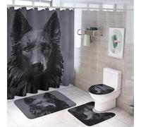 Black German Shepherd Printing 4 Pcs Bathroom Shower Curtain Set, Bathroom Sets with Non-Slip Rugs, Incl Shower Curtain with 12 Hooks, Bath Mat, U-Shaped Floor Mat, Toilet Lid Oval Rug