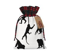 Black Gibbon Monkey -Print Multi-Colored Burlap Drawstring Bags, Eco-Friendly Plaid Pouches For Wedding Party Favors & Custom Packaging. S