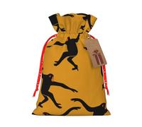 Black Gibbon Monkey Printed Christmas Drawstring Bags with Red Christmas Ribbon - Reusable Burlap Drawstring Gift Pouches, S