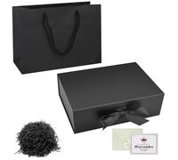 Black Gift Box with Lids, Luxury Magnetic Present Box with Totebag 2Cards Envelopes Confetti, Flat Pack Presentation Box for Birthday Wedding, 22 * 16.5 * 8.8 cm