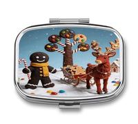 Black Ginger Cookie Tree Reindeer Pill Box 2-Compartment Portable Travel Square Pill Case Daily Pill Holder with Store Vitamins Pocket Medicine Organizer for Office Home Fish Oil
