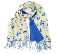 Black Ginger Large Ladies Floral, Forget Me Not Print Pashmina Style Scarf, Yellow with Blue Flowers, Tasseled Edges.