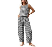 Black Gingham Co Ord Sets for Women Summer Two Pieces Outfit Lounge Wear Sets Plaid Pyjamas Sleeveless Vest Tops Baggy Trousers Ladies Travel Outfit Airport Set Casual Tracksuit Vacation Streetwear S