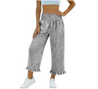 Black Gingham Trousers Women 3/4 Length Capri Pants - High Smocked Wasited, Ruffled Straight Leg, with Pockets, Cropped Loose Pyjama Bottoms, Ladies Casual Beach Tartan Plaid Trousers Slacks L