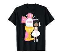 Black Girl First Communion 2026 Pink Cross Chalice Rosary T-Shirt