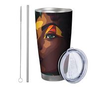 Black Girl with lid tumbler Set Of 1 Abstract Bohemian African Woman Tropical Flower Leaves orange green Stainless Metal Hot And Cold Reusable Office Outdoor Club Dorm Coffee drinking cup 20 Ounce