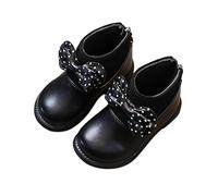 Black Girls Ankle High Combat Boots Faux Leather Round Toe School Boot - Large Polka Dot Bowknot, Ribbed Knit Panel, Back Zipper, Kids Shoes & Footwear UK Size 5.5