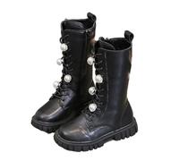 Black Girls Mid Calf Boots Kids Lace Up Side Zipper Glossy Smooth Faux Leather Pearl Flower Embellishments School Shoes Waterproof Hiking Combat Shoes UK Size 14.5
