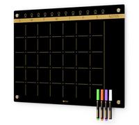 Black Glass Golden Monthly Dry Erase Calendar Whiteboard for Wall, 17" x 23", Frameless Large Planner White Board for Home Kitchen Office, 4 Wet Erase Markers Included, Yeoux