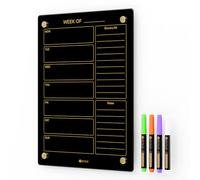 Black Glass Golden Weekly Dry Erase Calendar & Menu Whiteboard for Wall, Meal Planning & Grocery Shopping List White Board for Kitchen & Home, 15x11, 4 Wet Erase Markers Included, Yeoux