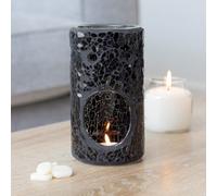Black Glass Pillar Shaped Oil, Wax Melt Burner. Mirrored Crackle Effect. H14.5 Cm
