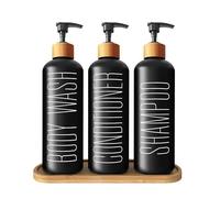 Black Glass Shampoo & Conditioner Dispenser Set with Bamboo Pumps & Tray - 3 Refillable Bottles for Shower, Pre-Labelled for Body Wash, Shampoo, Conditioner - 16.9oz/500ml Each