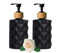 Black Glass Soap Dispenser Set with Bamboo Pump, 12oz Refillable Liquid Hand Soap Dispenser, Lotion Dish Soap Dispenser for Modern Home Decor, Bathroom, Kitchen Countertop, Hotel(2 Pack)
