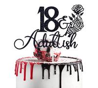 Black Glitter 18 & Adultish Cake Topper, Skeleton Hand Rose Happy 18th Birthday Décor, Old English Gothic Ghost Themed 18th Birthday Party Decorations
