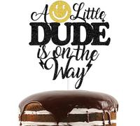 Black Glitter A Little Dude is on the Way Cake Topper, One Happy Dude Smiley Face One Cake Décor, Happy Face Hippie Baby's 1st Birthday Party Decorations Supplies