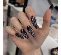 Black Glitter Almond & Stiletto Acrylic Press-On Nails, 24PCS Glossy Fake Nails with Accessory Tools, Swirl Pattern Tips for DIY Art, Reusable Stick-On Nail Kit for Women’s Fashion Looks