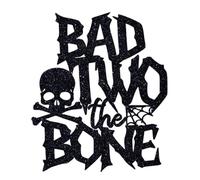 Black Glitter Bad Two the Bone Cake Topper, Rock and Roll Theme 2nd Birthday Cake Decor, Halloween Skull Rock Bone Baby’s 2nd Birthday Baby Shower Party Decorations Supplies for Boys Girls