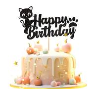Black Glitter Cat Happy Birthday Cake Topper - Adorable Kitten & Paw Print Theme Party Decoration for Pet Lovers & Kids Birthdays