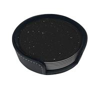 Black Glitter Coasters For Drinks, 6 Pcs Leather Coaster With Holder, Round Cup Mat Pad Set For Home Office Table Decoration