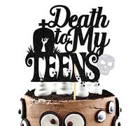 Black Glitter Death to My Teens Cake Topper, Time to Adult 18th Birthday Decorations, Old English Themed 16th/17th/18th/19th/20th/21st Birthday Party Decoragtions