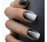Black Glitter False Nails - Ombre Black Fake Nails with Glue - 24PCS Medium Square Press on nails - Gothic Stick on Nails for Women Girls - Full Cover Acrylic nail Tips for DIY French Manicure at Home