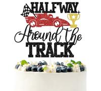 Black Glitter Half Way Around the Track Cake Topper, Race Car Flag Half Way to One Décor, Track Race Themed Baby's Half Birthday Baby Shower Party Decorations Supplies