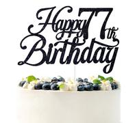 Black Glitter Happy 77th Birthday Cake Topper, Cheers to 77 Years/Level 77 Unlocked/77 Years Loved & Blessed, Funny 77th Birthday Party Decorations Supplies