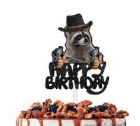 Black Glitter Happy Birthday Cake Topper Cheer to Animals Raccoon Theme Decor Supplies Baby Shower Men Women Birthday Anniversary Party Decorations