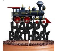 Black Glitter Happy Birthday Train Cake Topper Cheer to Transportation Railroad Crossing Theme Decor Supplies Baby Shower Children Boys Girls Happy Birthday Party Decorations