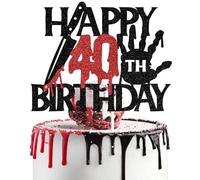 Black Glitter Killer Happy 40th Birthday Cake Topper, Halloween Zombie Vampire Bloody Friday Birthday Décor, Halloween Horror Themed 40th Birthday Party Decorations