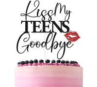 Black Glitter Kiss My Teens Goodbye Cake Topper, Good Bye My Teen Years, Funny 20th Birthday Party Decorations Supplies for Girls Women