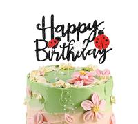 Black Glitter Ladybug Happy Birthday Cake Topper - Garden Bug Theme Decoration for Girls Kids Birthday, Spring Summer Celebrations, Cakes & Desserts