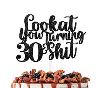 Black Glitter Look at You Turning 30th Cake Topper Cheer to Funny Bday Theme Anniversary Party Decoration for Women Men Happy Birthday Decor Supplies