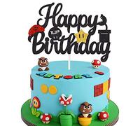 Black Glitter Mario Cake Topper Happy Birthday Cake Decoration Video Game Themed Kids Boys Birthday Party Supplies