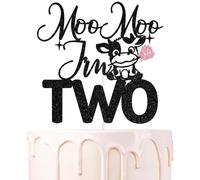 Black Glitter Moo Moo I'm Two Cake Topper, Holy Cow I'm Two/Happy 2nd Birthday, Farm Animals Cow Themed 2nd Birthday Party Decorations Supplies