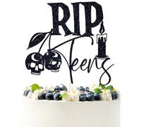 Black Glitter Rip Teens Cake Topper, Halloween Funeral Birthday Décor, Old English Gothic Sweet Youth Themed 13th Birthday Party Decorations Supplies