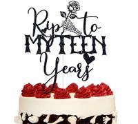 Black Glitter Rip to My Teen Years Cake Topper, Skeleton Skull Hand Rose Birthday Décor, Gothic Old English Themed 20th Birthday Party Decorations