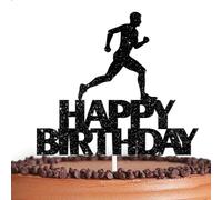 Black Glitter Runner Happy Birthday Cake Topper Cheer to Marathon Running Track and field Sport Theme Decor Supplies Men Women Boys Girls Happy Birthday Party Decorations
