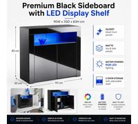 Black Gloss Sideboard Storage Cabinet 90cm 2 Door LED Lights Cupboard