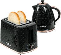 Black Glossy 2 Slice Toaster Kettle Set Rapid Boil 3000W Honeycomb Rose Gold Rim
