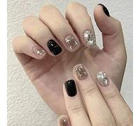 Black Glossy Fake Nails Star Fake Nails Full Cover Short Nails Art for Women and Girls Daily Decoration 24 PCS
