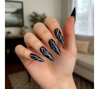 Black Glossy Marbled Vein Glitter Stiletto Press On Nails - Long Pointed Acrylic False Nails With White Swirl Design For Bold Gothic Manicure, Rock Aesthetic, Glossy Black, White Veining